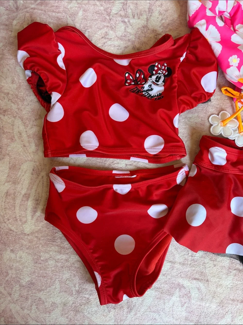 Red Polka Dot Two-Piece Swim Set & Pink Daisy Long-Sleeve Swimsuit